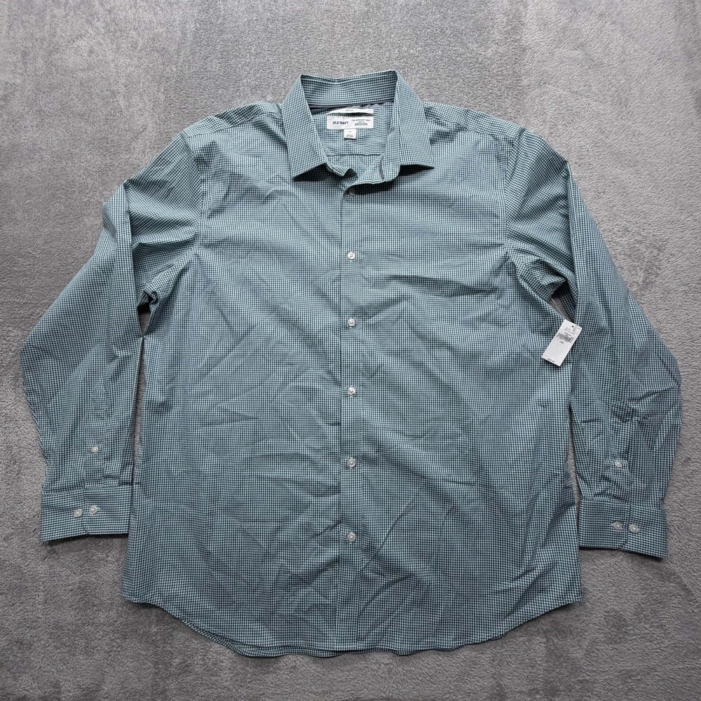 Old Navy Dress Shirt Mens 2XL Green Gingham Non Iron Signature Slim Fit Stretch
